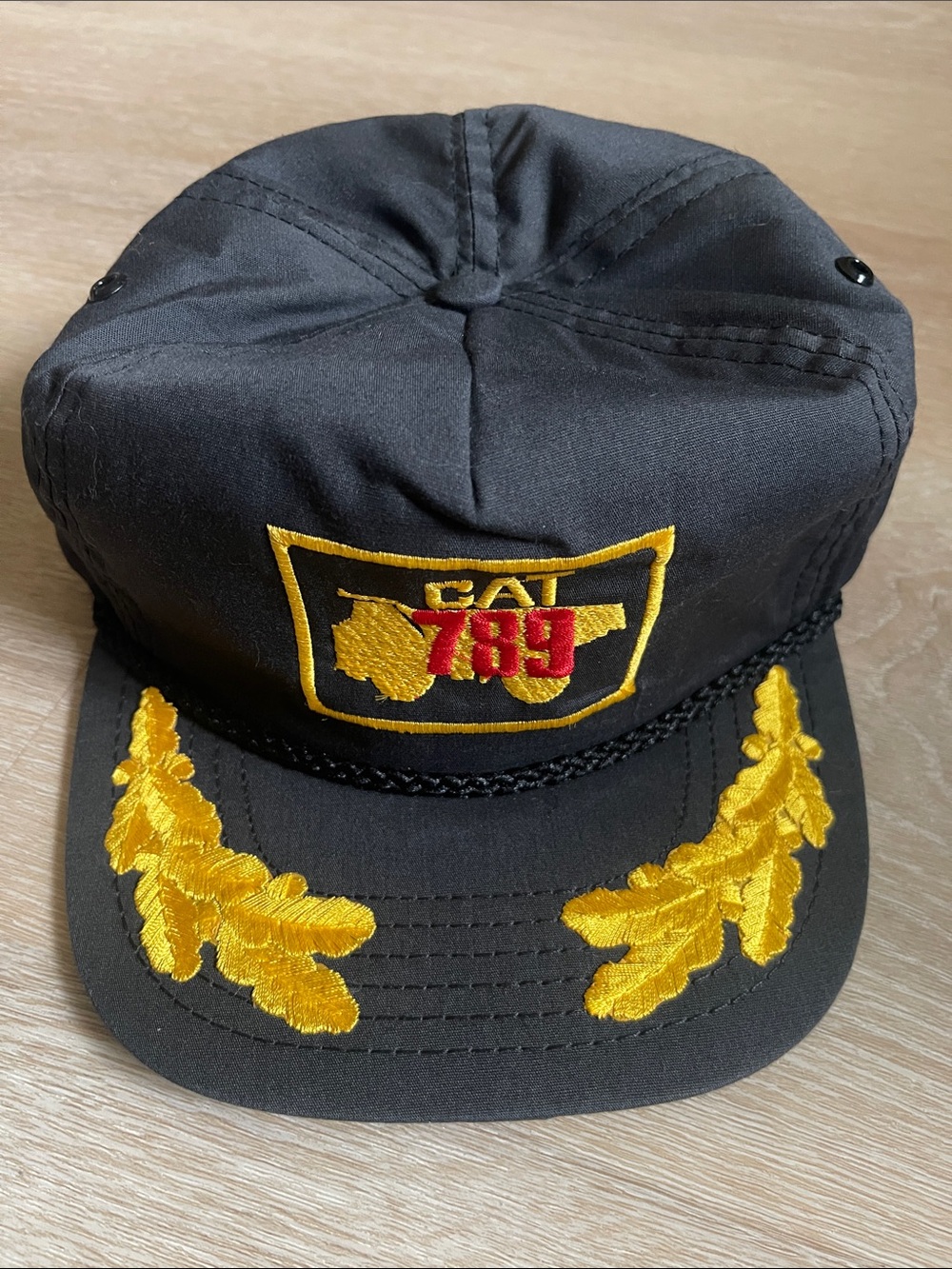 Vintage Cat 789 hat Black Gold Oak Leaf embroidery